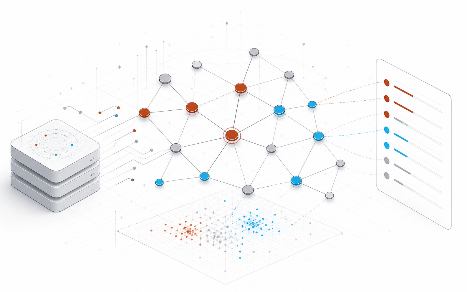 A technical illustration of a local memory graph connected to vector search results